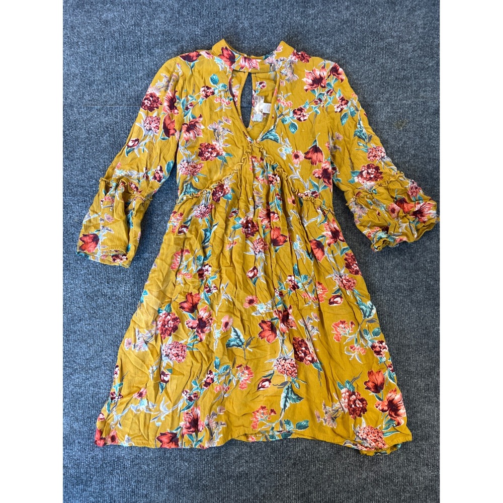 Band of Gypsies Boho Mustard Floral Mini Dress Long Sleeve Cottagecore M